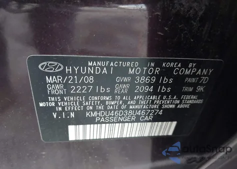 2008 Hyundai Elantra Gls/Se from USA, damaged, VIN KMHDU46D38U467274
